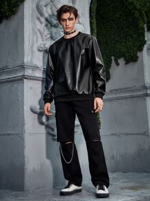 Manfinity Hombres Sudadera unicolor PU - Negro - Ver 3