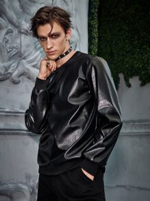 Manfinity Hombres Sudadera unicolor PU - Negro - Ver 4