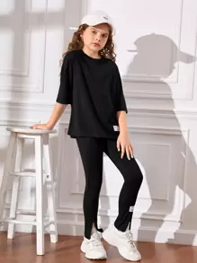 SHEIN Dwuczęściowe Ubrania Dziewczęce Z łatami Oddzielany Prosty Casual - Czarne - Zobacz 1