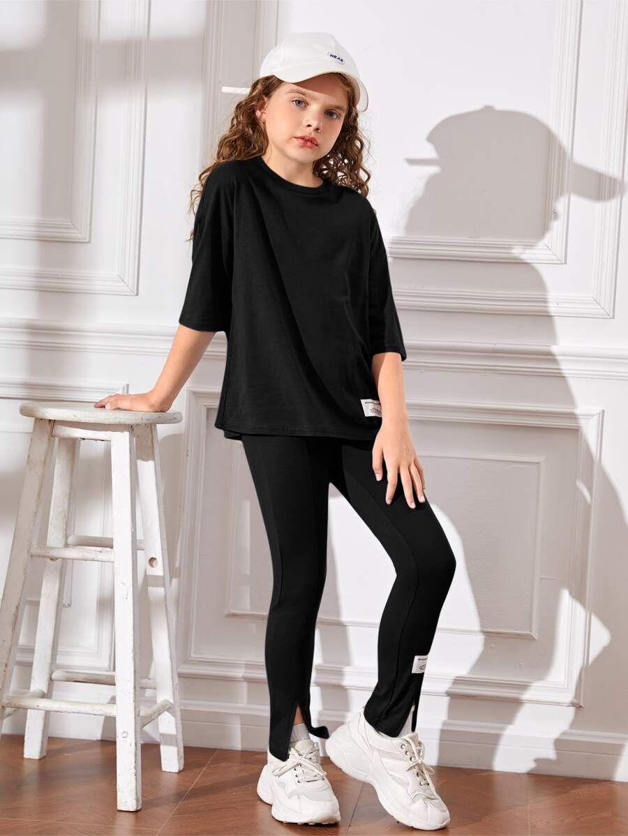 SHEIN Dwuczęściowe Ubrania Dziewczęce Z łatami Oddzielany Prosty Casual - Czarne - Zobacz 1