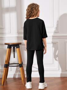 SHEIN Dwuczęściowe Ubrania Dziewczęce Z łatami Oddzielany Prosty Casual - Czarne - Zobacz 2