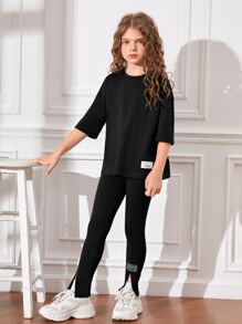 SHEIN Dwuczęściowe Ubrania Dziewczęce Z łatami Oddzielany Prosty Casual - Czarne - Zobacz 3