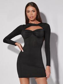 SHEIN BAE Twist Front Peekaboo Bodycon Dress - Black - View 3