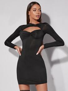 SHEIN BAE Twist Front Peekaboo Bodycon Dress - Black - View 1