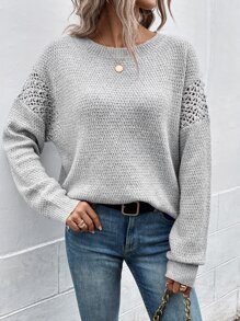 SHEIN LUNE Pointelle Knit Drop Shoulder Jumper - Light Grey - View 3