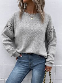 SHEIN LUNE Pointelle Knit Drop Shoulder Jumper - Light Grey - View 4