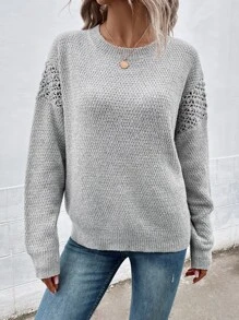SHEIN LUNE Pointelle Knit Drop Shoulder Jumper - Light Grey - View 6