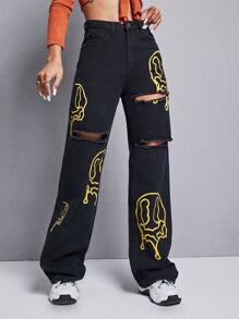 SHEIN EZwear Jeans rotos de pierna ancha con estampado de dibujo - Negro - Ver 3