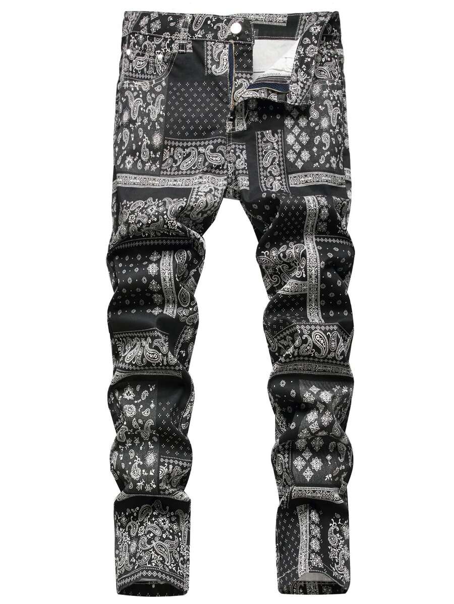 Men Paisley Scarf Print Jeans - Black and White - View 1