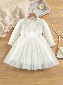 SHEIN 小女童褶邊網紗覆蓋連衣裙 - 米色 - 查看 1