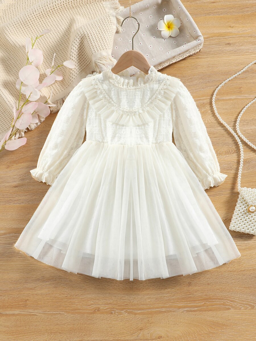 SHEIN 小女童褶邊網紗覆蓋連衣裙 - 米色 - 查看 1