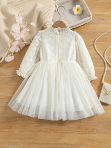 SHEIN 小女童褶邊網紗覆蓋連衣裙 - 米色 - 查看 2