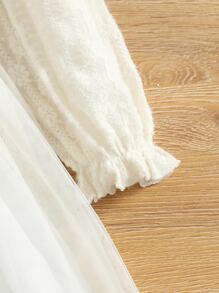 SHEIN 小女童褶邊網紗覆蓋連衣裙 - 米色 - 查看 5