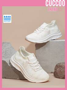 Cuccoo Minimalist Lace Up Decor Knit Running Shoes - White - View 1