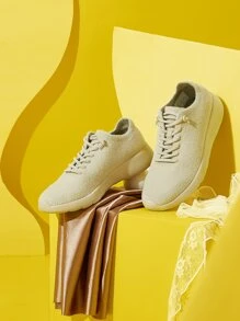 CUCCOO BASICS Lace Up Front Fluffy Sneakers - Beige - View 3