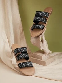 Styleloop Rhinestone Decor Slide Sandals - Black and White - View 5