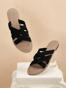 Styleloop Sandalias planas minimalistas con correa cruzada para mujer, Sandalias elegantes negras deslizantes - Negro - Ver 2