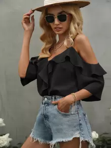 SHEIN Clasi 挖肩荷葉邊襯衫 - 黑色 - 查看 5