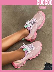 Patch Detail Lace-up Front Chunky Sneakers - Pink - View 1