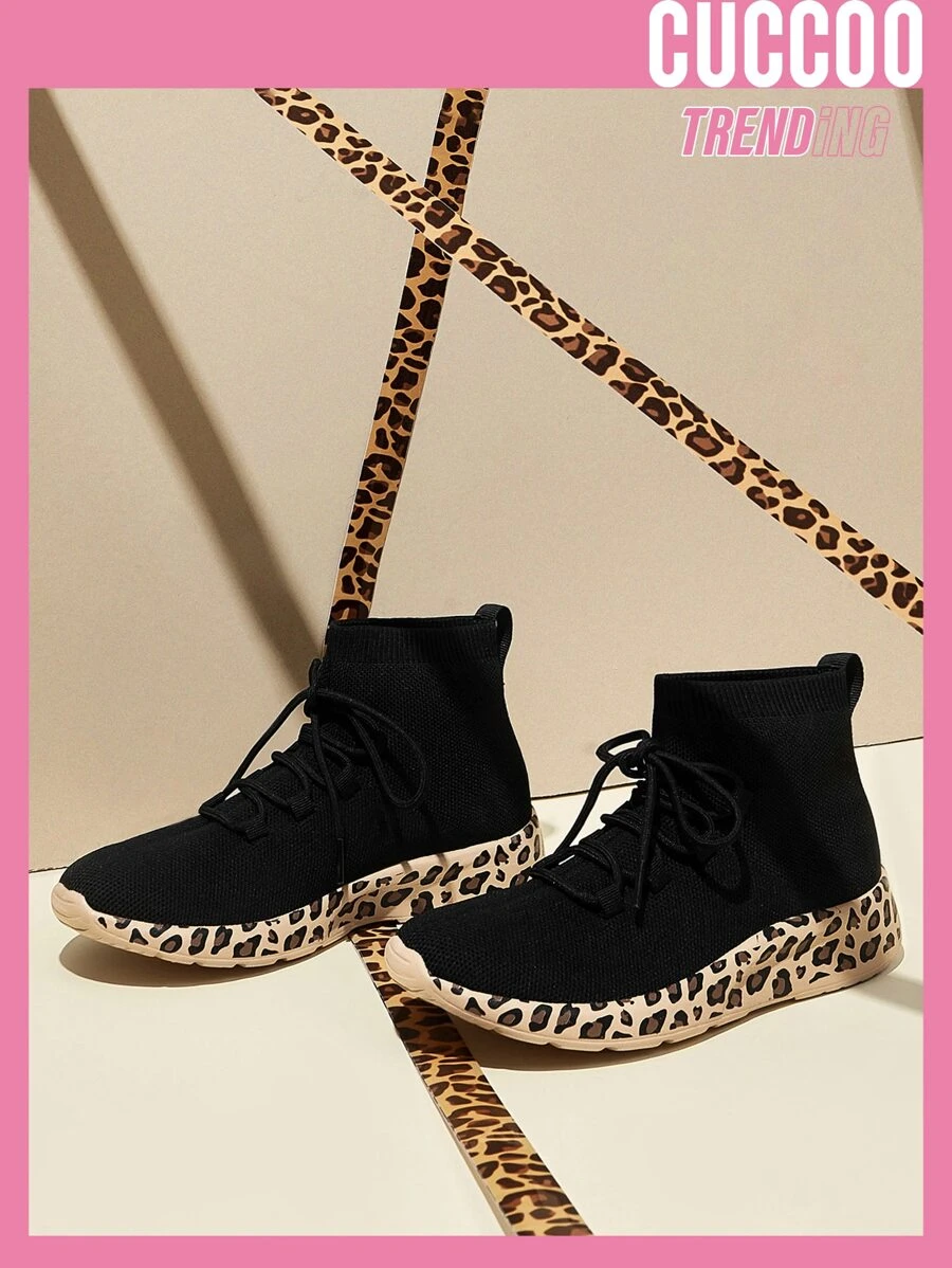 Leopard Pattern Knit Detail Sock Sneakers - Black - View 1