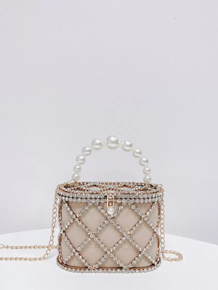Lightweight,Business Casual Mini Rhinestone & Faux Pearl Decor Chain Box Bag Evening Bag,Dinner Bag Glamorous,Elegant,Exquisite,Quiet Luxury Rhinestone For Party Girl,Woman,Bride Perfect For Party,Dinner/Banquet,For Suitable For Matching With Black Dress,Formal Dresses,Sexy Dress, Evening Gown,Prom Dress, Elegant Pearl Clutch, Prom Bag