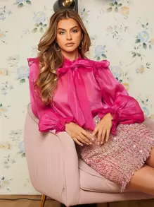 SHEIN Privé Tie Neck Ruffle Trim Blouse - Hot Pink - View 1