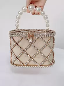 Lightweight,Business Casual Mini Rhinestone & Faux Pearl Decor Chain Box Bag Evening Bag,Dinner Bag Glamorous,Elegant,Exquisite,Quiet Luxury Rhinestone For Party Girl,Woman,Bride Perfect For Party,Dinner/Banquet,For Suitable For Matching With Black Dress,Formal Dresses,Sexy Dress, Evening Gown,Prom Dress, Elegant Pearl Clutch, Prom Bag