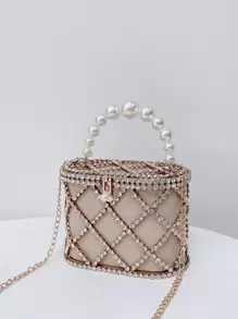 Lightweight,Business Casual Mini Rhinestone & Faux Pearl Decor Chain Box Bag Evening Bag,Dinner Bag Glamorous,Elegant,Exquisite,Quiet Luxury Rhinestone For Party Girl,Woman,Bride Perfect For Party,Dinner/Banquet,For Suitable For Matching With Black Dress,Formal Dresses,Sexy Dress, Evening Gown,Prom Dress, Elegant Pearl Clutch, Prom Bag