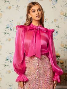 SHEIN Privé Tie Neck Ruffle Trim Blouse - Hot Pink - View 6