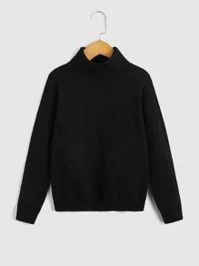 SHEIN Boys Solid Turtleneck Sweater - Black - View 1