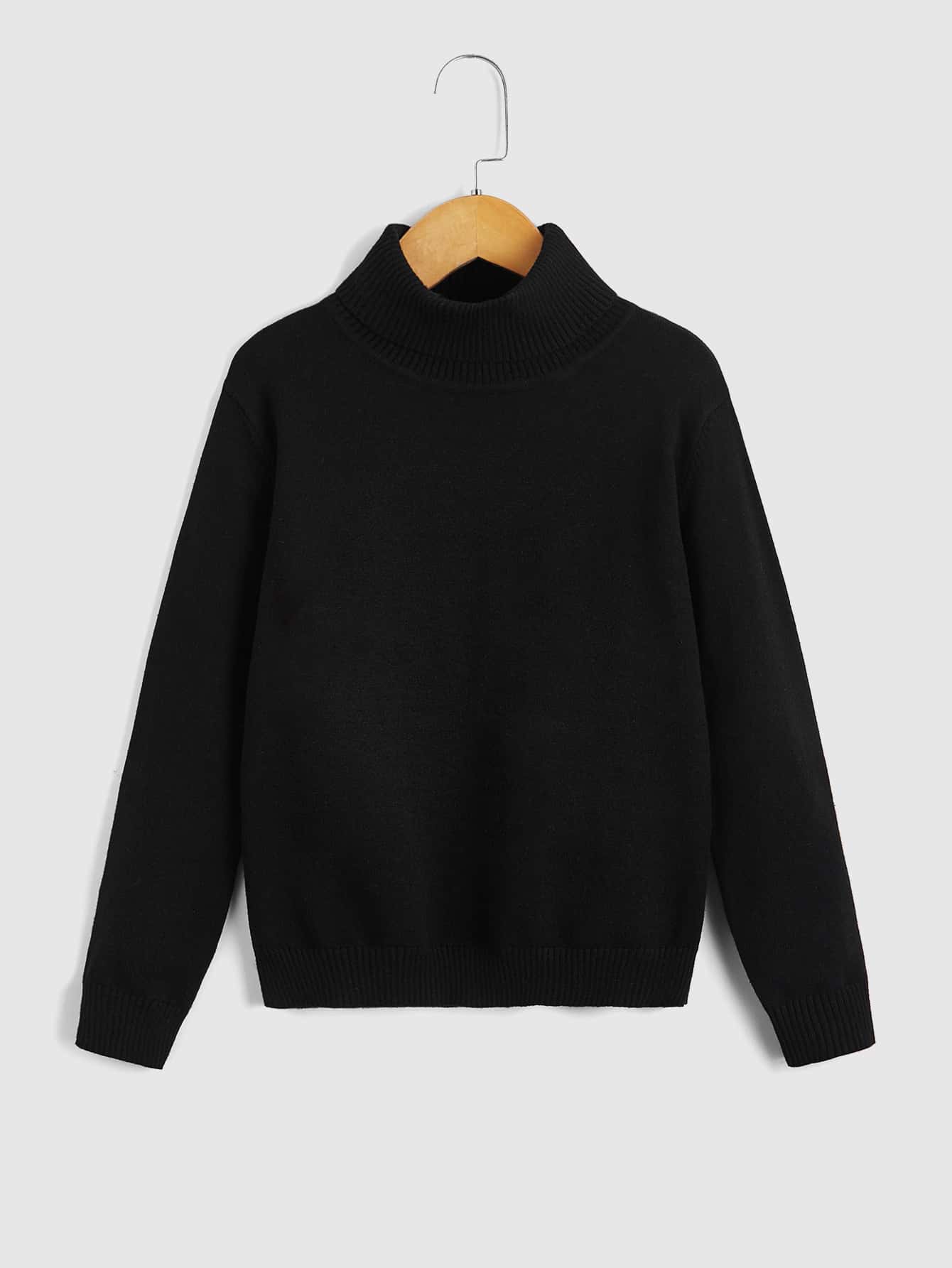 SHEIN Boys Solid Turtleneck Sweater - Black - View 1