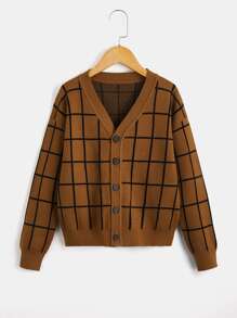 SHEIN Boys Plaid Single Breasted Drop Shoulder Cardigan - Brown - View 1