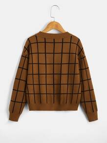 SHEIN Boys Plaid Single Breasted Drop Shoulder Cardigan - Brown - View 2