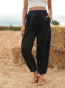 SHEIN Elastic Waist Solid Drop Crotch Trousers - Black - View 1