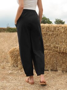SHEIN Elastic Waist Solid Drop Crotch Trousers - Black - View 2