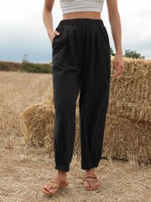 SHEIN Elastic Waist Solid Drop Crotch Trousers - Black - View 3