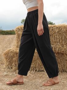 SHEIN Elastic Waist Solid Drop Crotch Trousers - Black - View 5