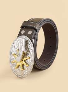 男士太陽細節橢圓形搭扣腰帶 - 棕色 - 查看 1