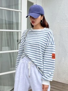 DAZY Camiseta de manga larga con hombros caídos, detalles de parche con letras y rayas - Azul y blanco - Ver 4