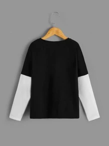 SHEIN 男孩字母圖案撞色T恤 - 黑色 - 查看 2