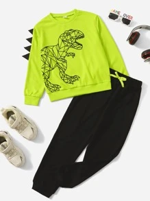 SHEIN Boys Dinosaur Print Triangle Trim Pullover & Joggers - Multicolor - View 1