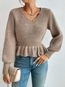 SHEIN Privé Áo len nữ Viên lá sen Gân đan màu trơn Thanh lịch - Màu Khaki - Xem 1