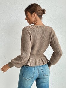 SHEIN Privé Áo len nữ Viên lá sen Gân đan màu trơn Thanh lịch - Màu Khaki - Xem 2