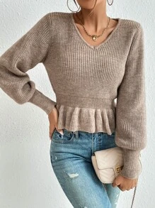 SHEIN Privé Áo len nữ Viên lá sen Gân đan màu trơn Thanh lịch - Màu Khaki - Xem 3