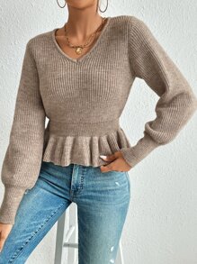SHEIN Privé Áo len nữ Viên lá sen Gân đan màu trơn Thanh lịch - Màu Khaki - Xem 4