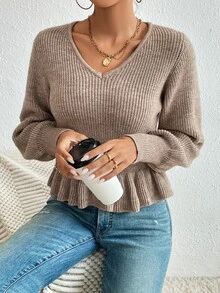 SHEIN Privé Áo len nữ Viên lá sen Gân đan màu trơn Thanh lịch - Màu Khaki - Xem 5