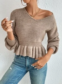 SHEIN Privé Áo len nữ Viên lá sen Gân đan màu trơn Thanh lịch - Màu Khaki - Xem 6