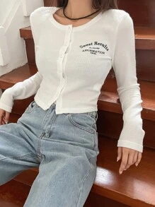 DAZY 字母图案纽扣T恤，秋季女装长袖 - 白色 - 查看 1