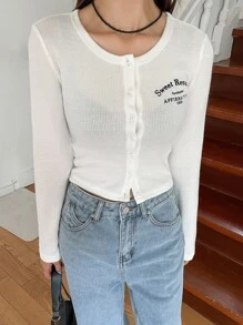 DAZY 字母图案纽扣T恤，秋季女装长袖 - 白色 - 查看 2