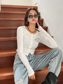 DAZY 字母图案纽扣T恤，秋季女装长袖 - 白色 - 查看 3